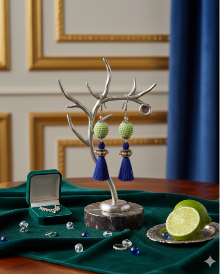 Háčkované dizajnové náušnice "Kráľovská limetka"